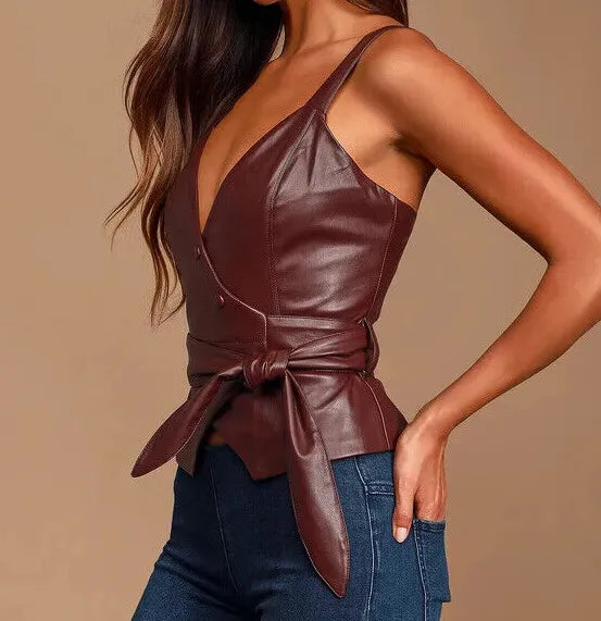 Genuine Women Burgundy Top Casual Leather Stylish Formal Party Handmade