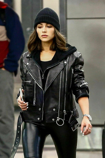Women's Chic Fashion Cowhide Leather Biker Cropped Black Leather Zipper Jacket