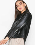 Womens Studed Motorcycle Punk Biker Jacket Genuine Lambskin Leather Black Coat - Luxurena Leather