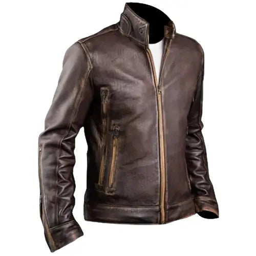 Men's Vintage Cafe Racer Distressed Brown Leather Jacket