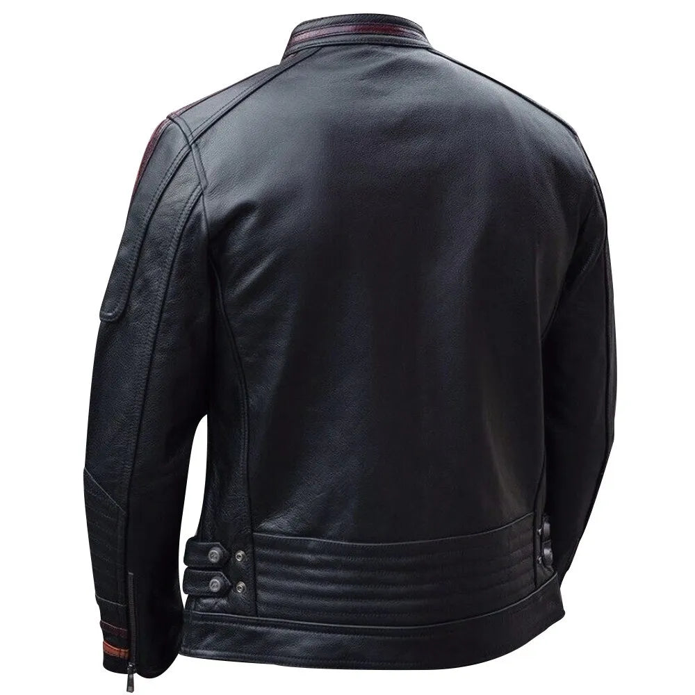 Men's Cafe Racer Red Stripe Real Leather Jacket