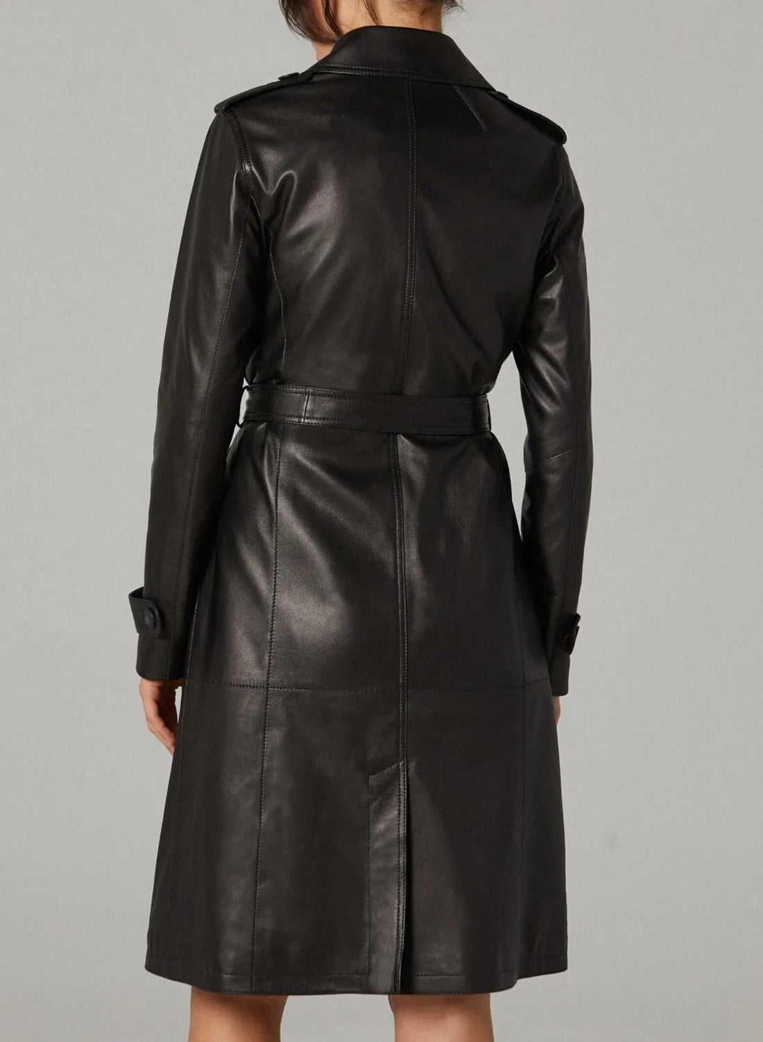 Women's Knee Length Black Leather Trench Coat