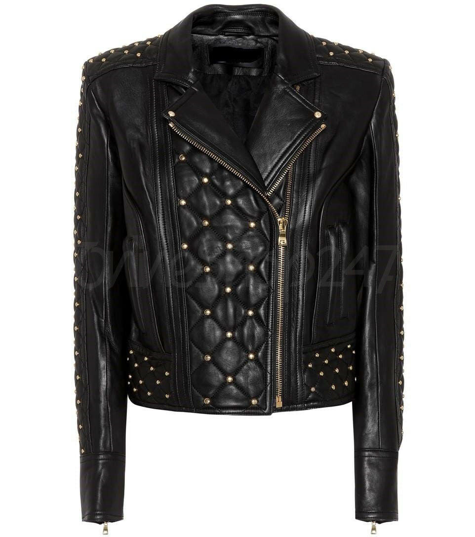 New Woman Balmain Quilted Golden Studded Black Brando Classic Leather Jacket - Luxurena Leather