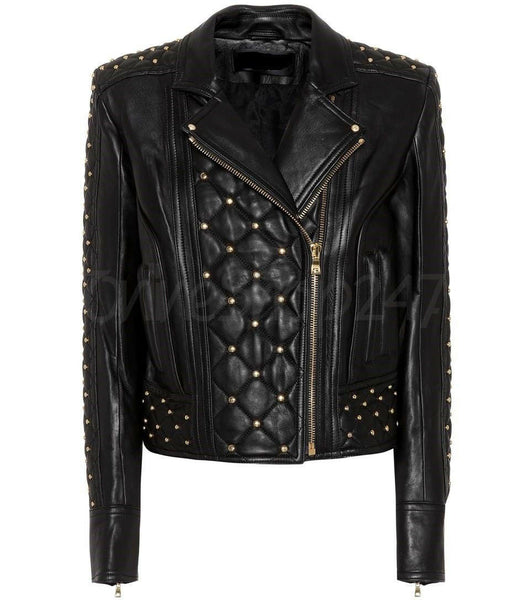 New Woman Balmain Quilted Golden Studded Black Brando Classic Leather Jacket