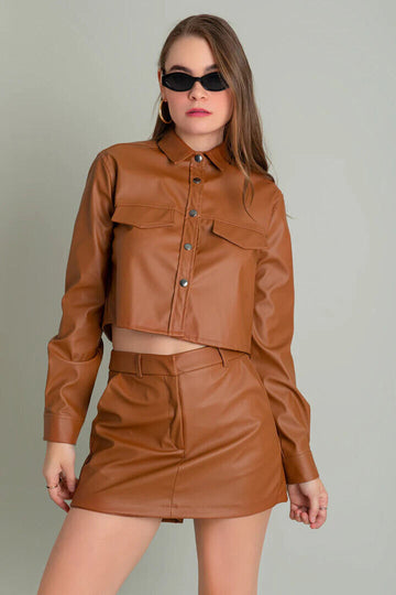 Women's Casual Brown Leather Shirt & Skirt