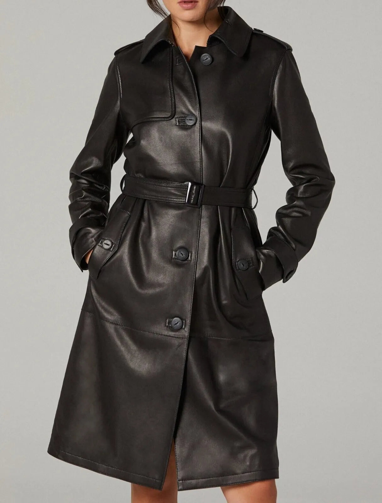 Women's Knee Length Black Leather Trench Coat