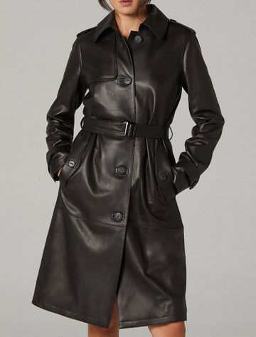 Women's Knee Length Black Leather Trench Coat