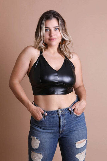 Women's Cross Strap Longline Black Leather Bralette