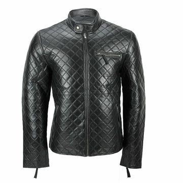 Quilted Slim Fit Motorcycle Biker Jacket Men's Black Genuine Leather