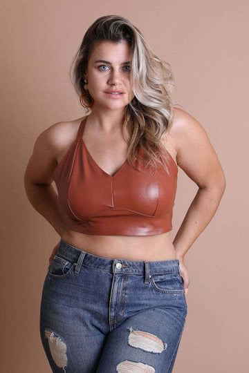Women's Cross Strap Longline Brown Leather Bralette