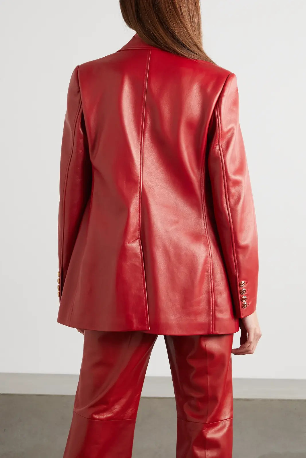 Women's Custom Made Red Leather Coat Pants Suit