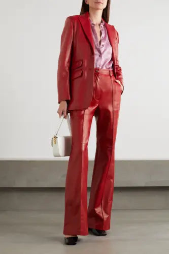 Women's Custom Made Red Leather Coat Pants Suit
