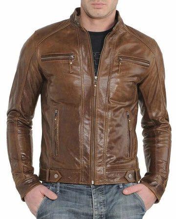 Men's Cafe Racer Distressed Brown Leather Jacket