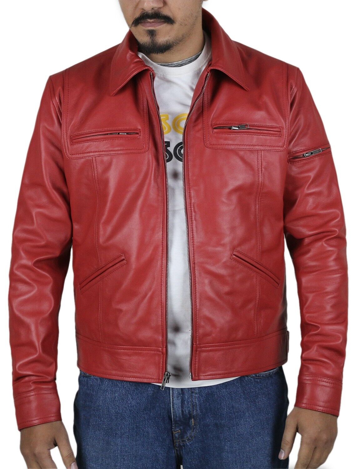 Mens Red Cafe Racer Genuine Sheepskin Leather Jacket - Straight Fit Biker Outfit