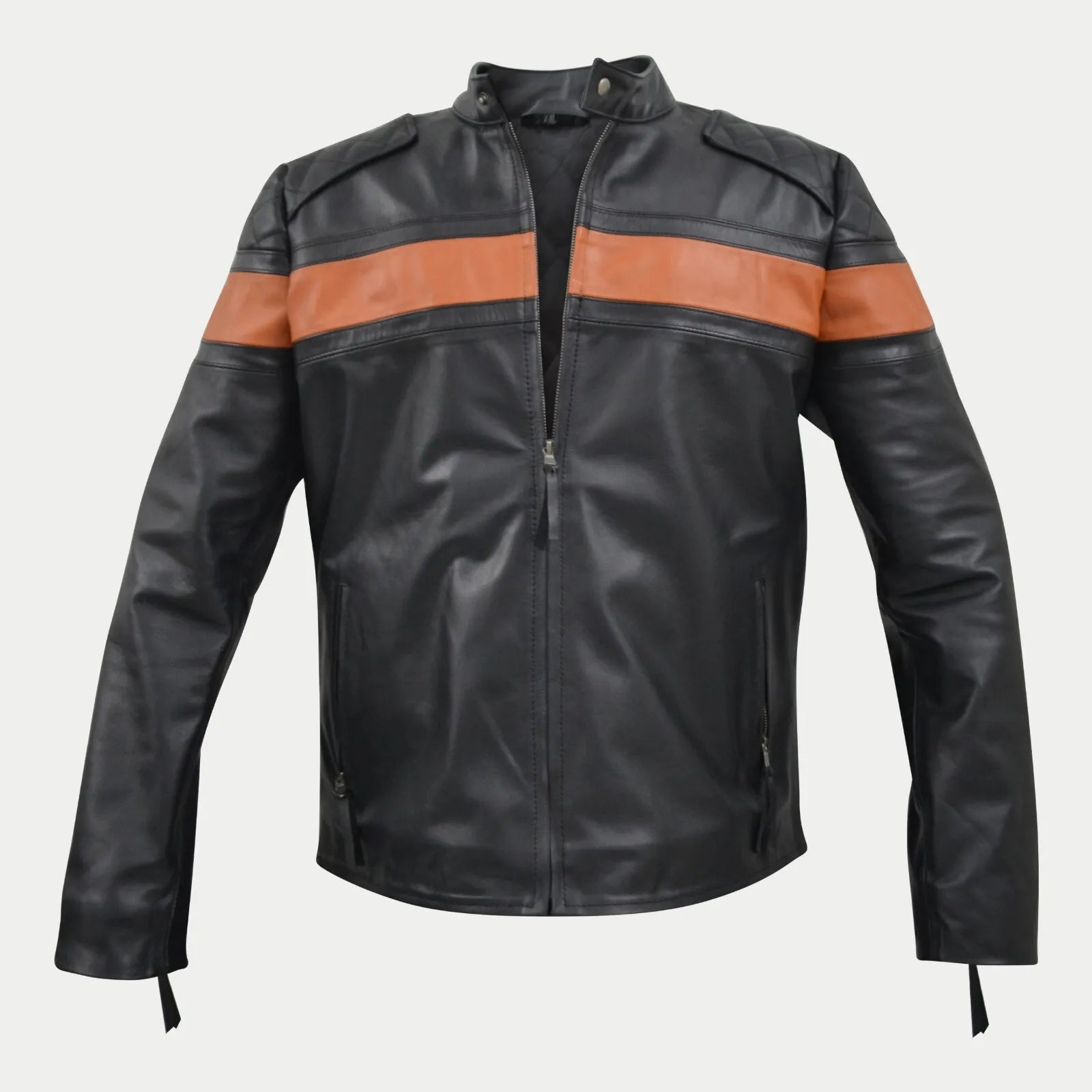 Men's Cafe Racer Orange Stripe Black Leather Jacket