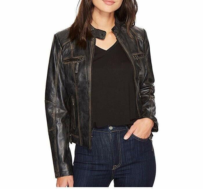 Women Moto Biker Vintage Cafe Racer Distressed Black Real Leather Jacket