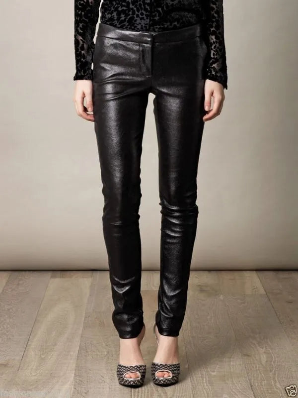 Skinny Leather Pants Women Motorcycle biker Slim fit casual pants Black