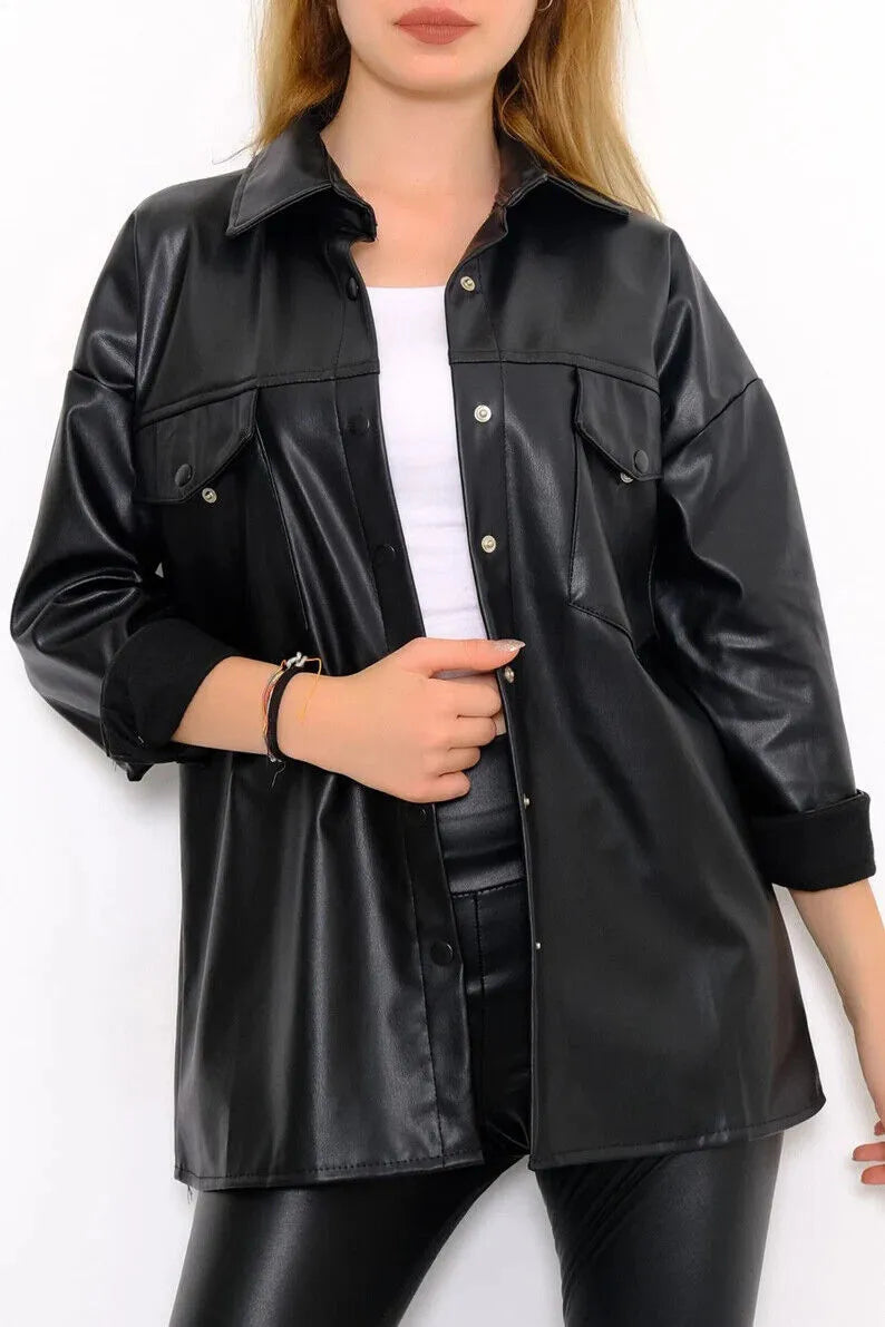 Stylish Black Women's Leather Shirt Genuine Handmade Formal Casual Wear