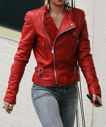 Women's Biker Slim Fit Leather Jacket  Motorcycle Real Red Jacket