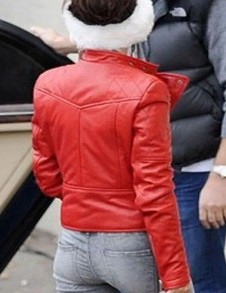 Women's Biker Slim Fit Leather Jacket  Motorcycle Real Red Jacket