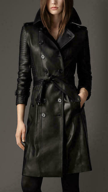 Women's Black Leather Trench Coat