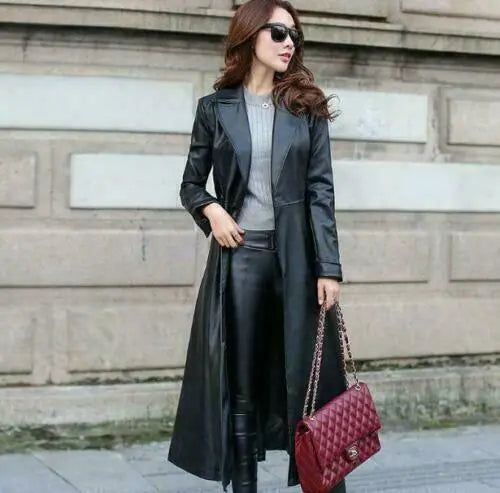 Women's Black Leather Long Coat Soft Overcoat Trench Coat