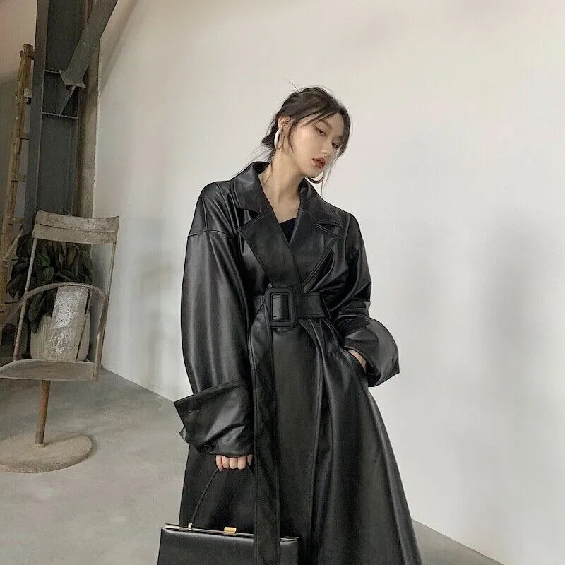 Women's  Long Oversized Black Leather Trench Coat