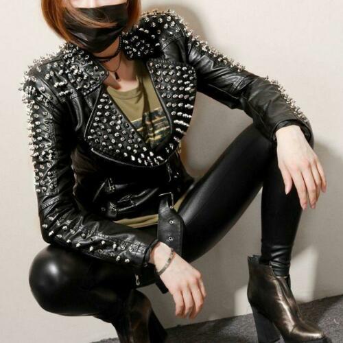 ROCK Women Motorcycle Biker Jacket Spike Studded Shoulder Faux Leather Coat Size - Luxurena Leather