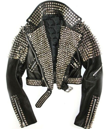 New Women Full Silver Metal Spiked Studded Brando Style Rock Star Leather Jacket - Luxurena Leather