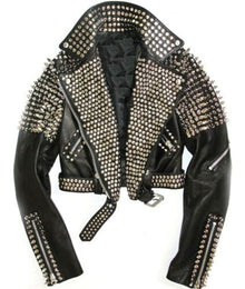 New Women Full Silver Metal Spiked Studded Brando Style Rock Star Leather Jacket