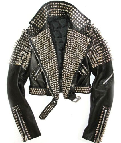 New Women Full Silver Metal Spiked Studded Brando Style Rock Star Leather Jacket