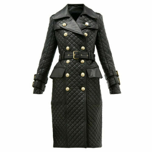 Women Leather Dress Double-breasted quilted leather trench coat Steam Punk Dress, Leather Outfit Dress, Quilted Leather Padded Dress - Luxurena Leather