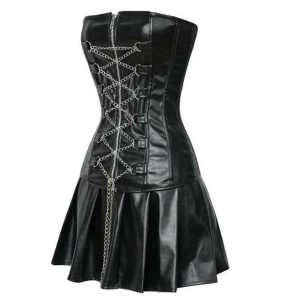 Black leather steampunk BDSM waist cincher bustier corset gothic mini skirt-Luxurena Leather