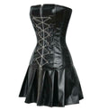 Black leather steampunk BDSM waist cincher bustier corset gothic mini skirt-Luxurena Leather