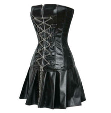 Black leather steampunk BDSM waist cincher bustier corset gothic mini skirt-Luxurena Leather