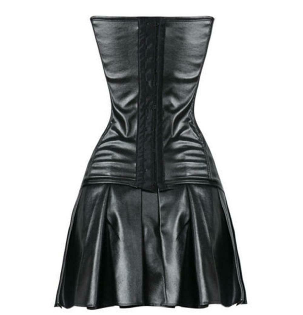 Black leather steampunk BDSM waist cincher bustier corset gothic mini skirt-Luxurena Leather